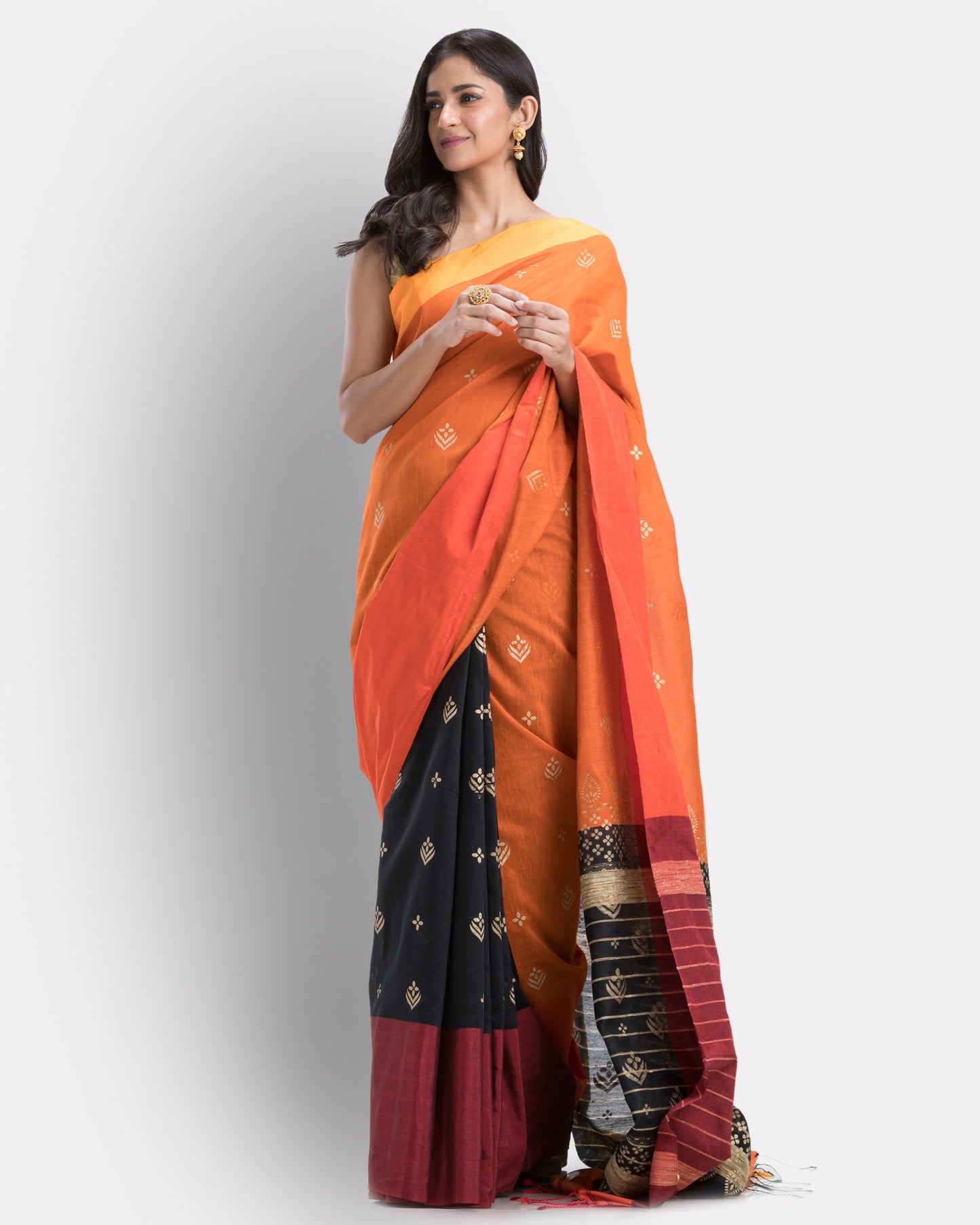 Handwoven Printed Orange Festive Cotton Blend Saree