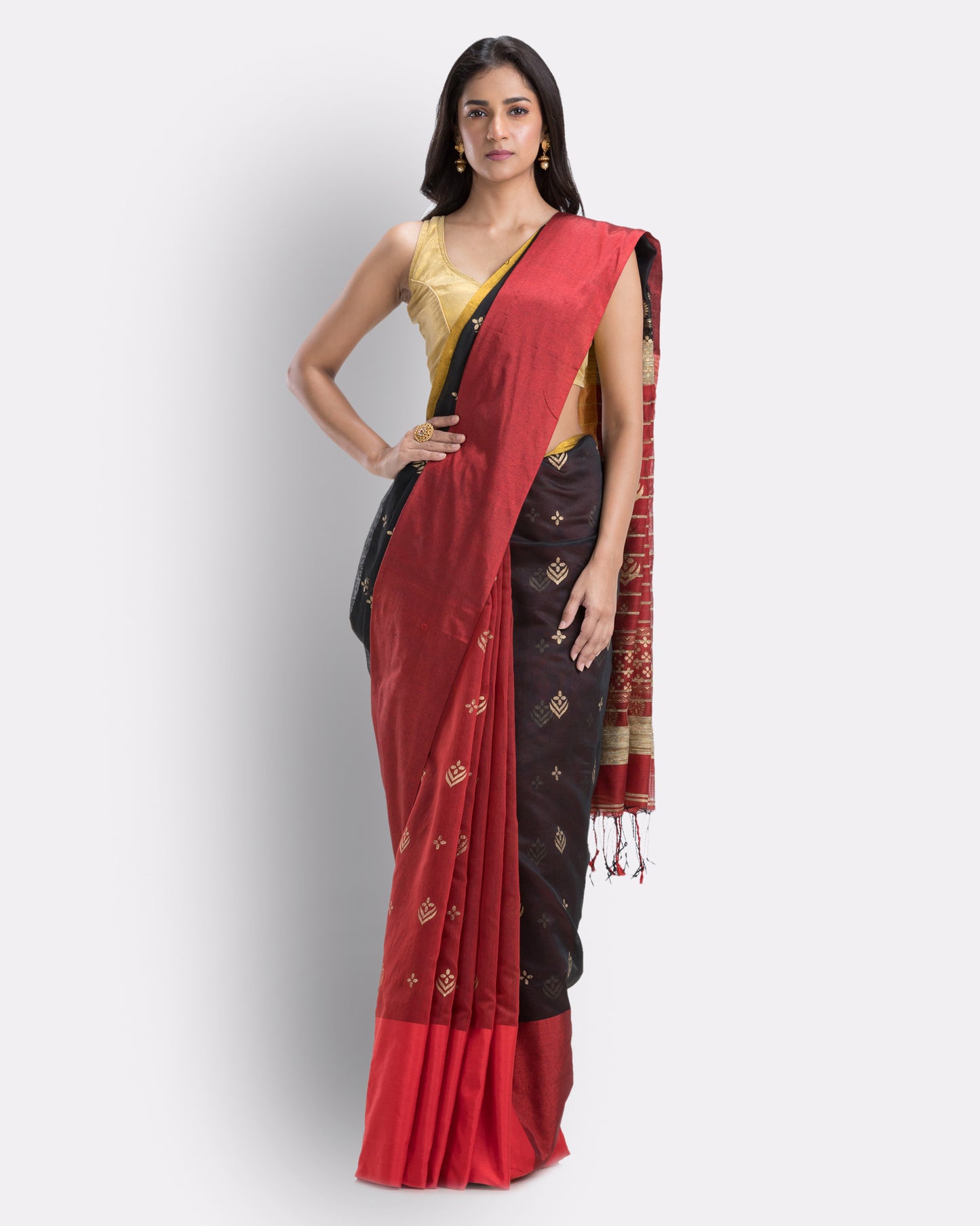 Handwoven Printed Festive Cotton Blend Red Saree