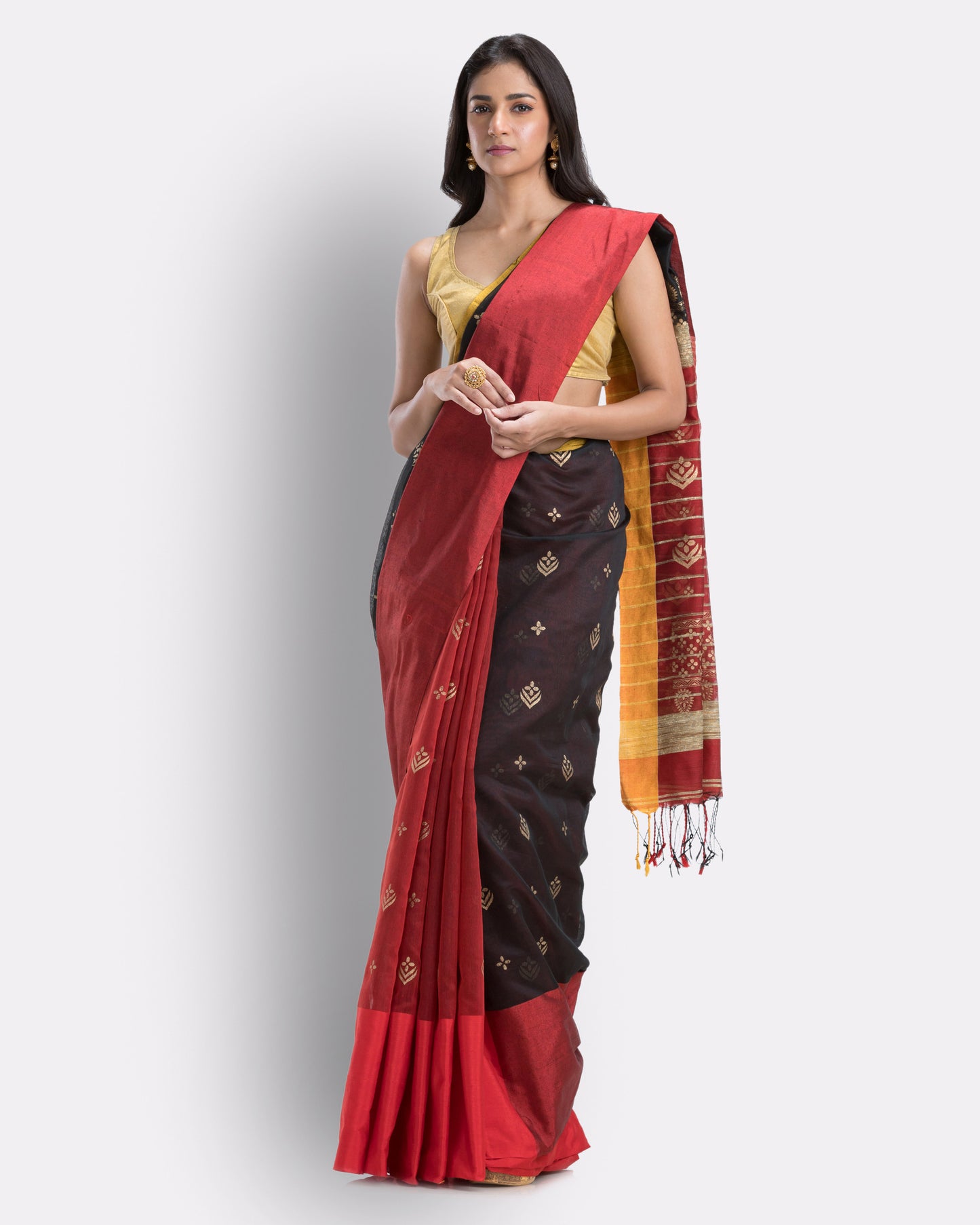 Handwoven Printed Festive Cotton Blend Red Saree