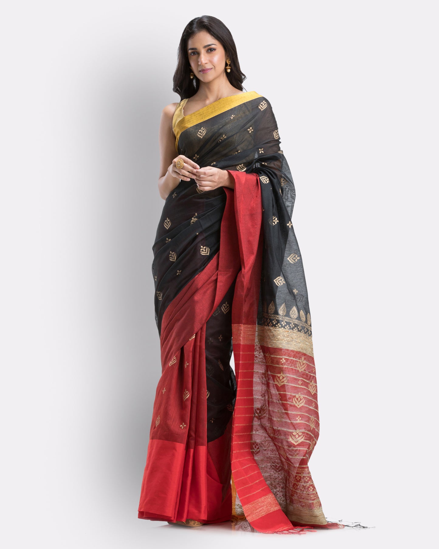 Handwoven Printed Festive Cotton Blend Red Saree