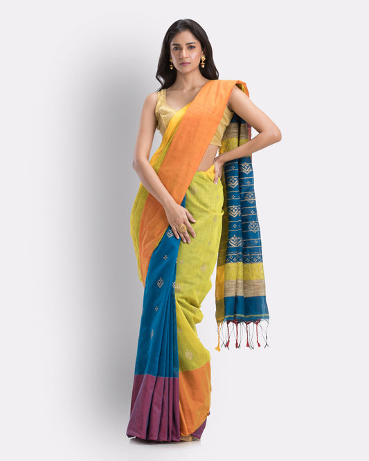 Handwoven Printed Festive Cotton Blend Yellow Saree