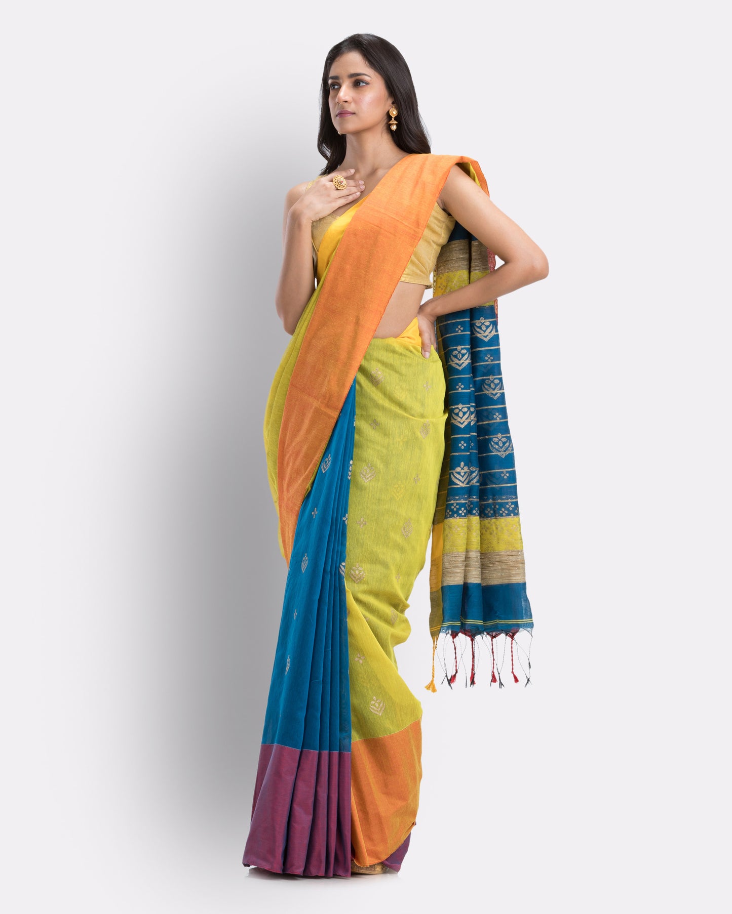 Handwoven Printed Festive Cotton Blend Yellow Saree