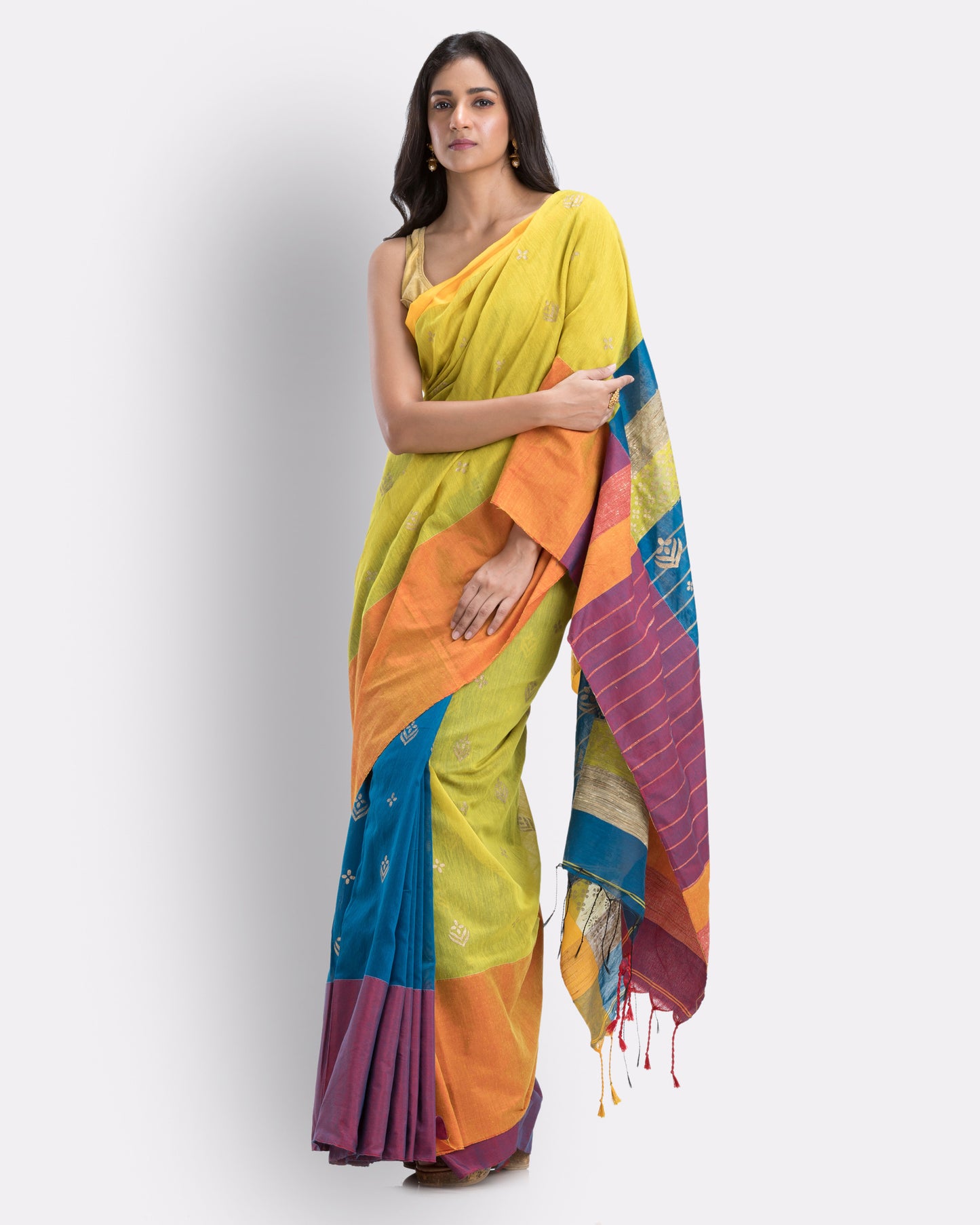 Handwoven Printed Festive Cotton Blend Yellow Saree