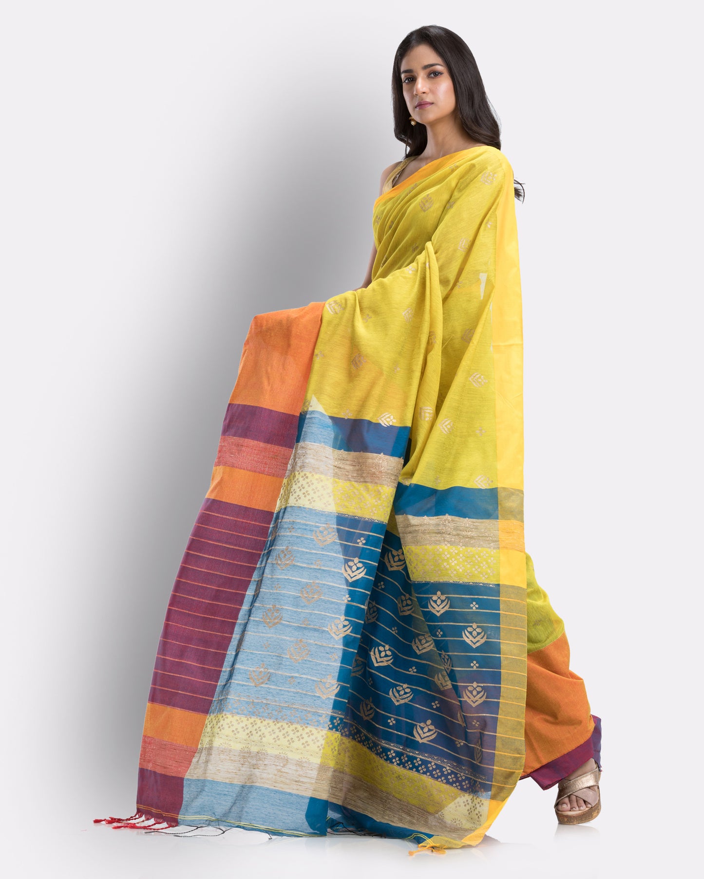 Handwoven Printed Festive Cotton Blend Yellow Saree