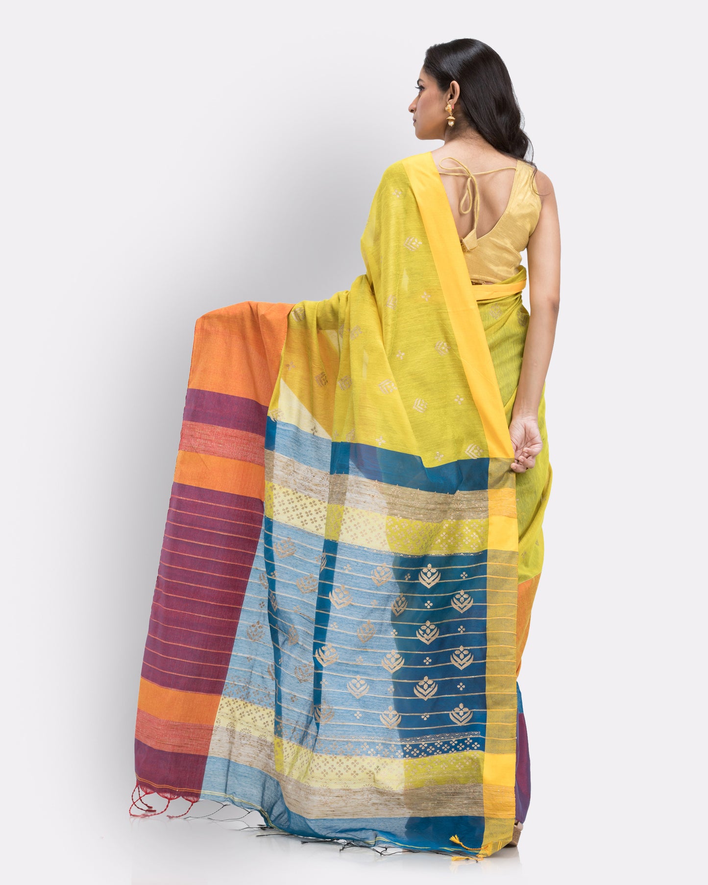 Handwoven Printed Festive Cotton Blend Yellow Saree