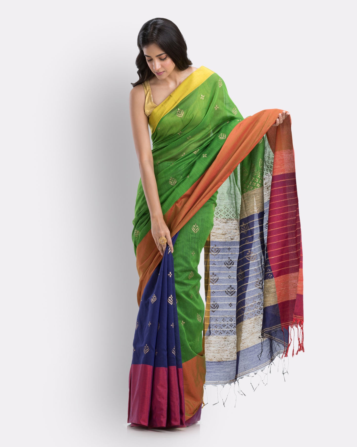 Handwoven Printed Festive Cotton Blend Blue Saree