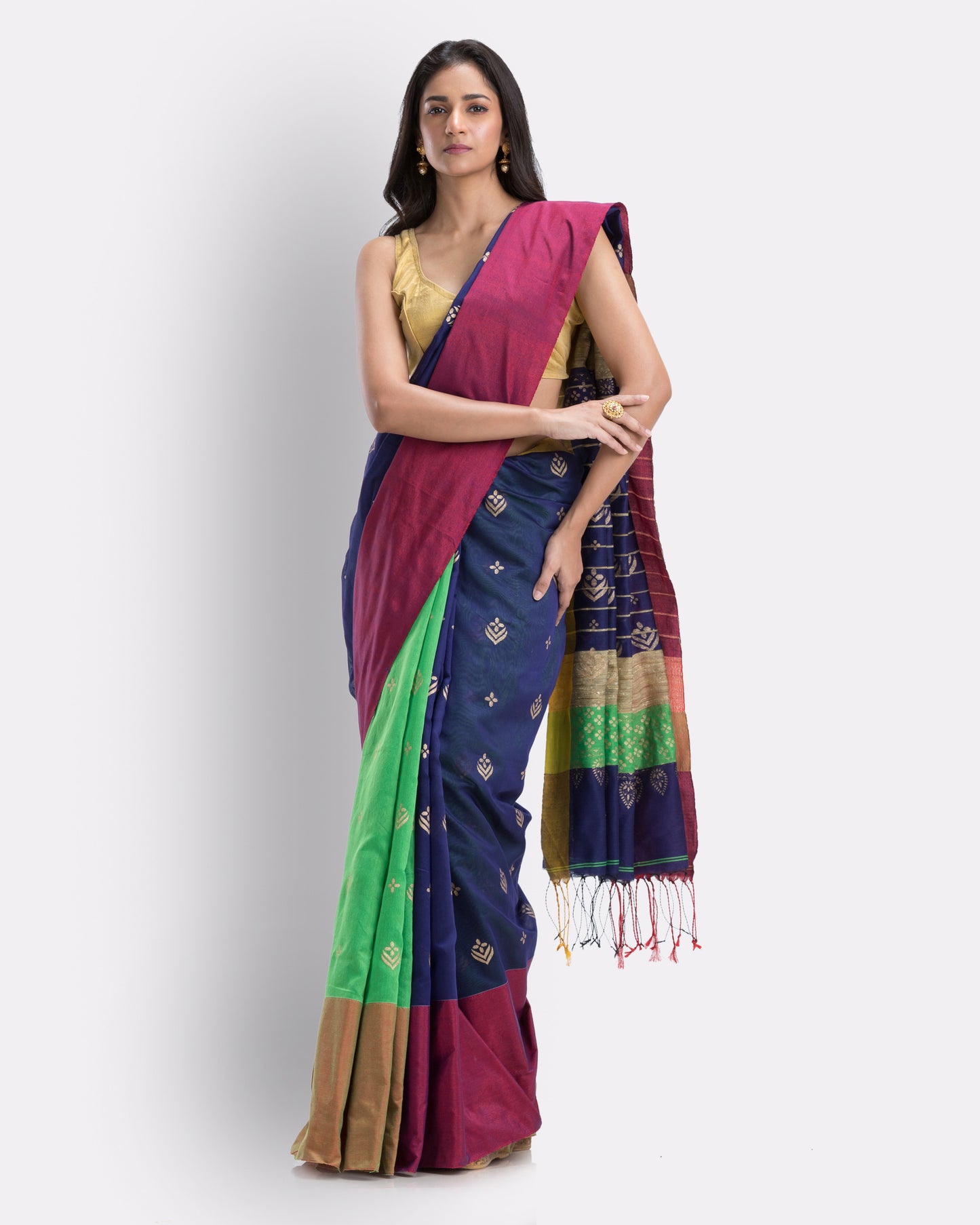 Handwoven Printed Festive Cotton Blend Blue Green Saree