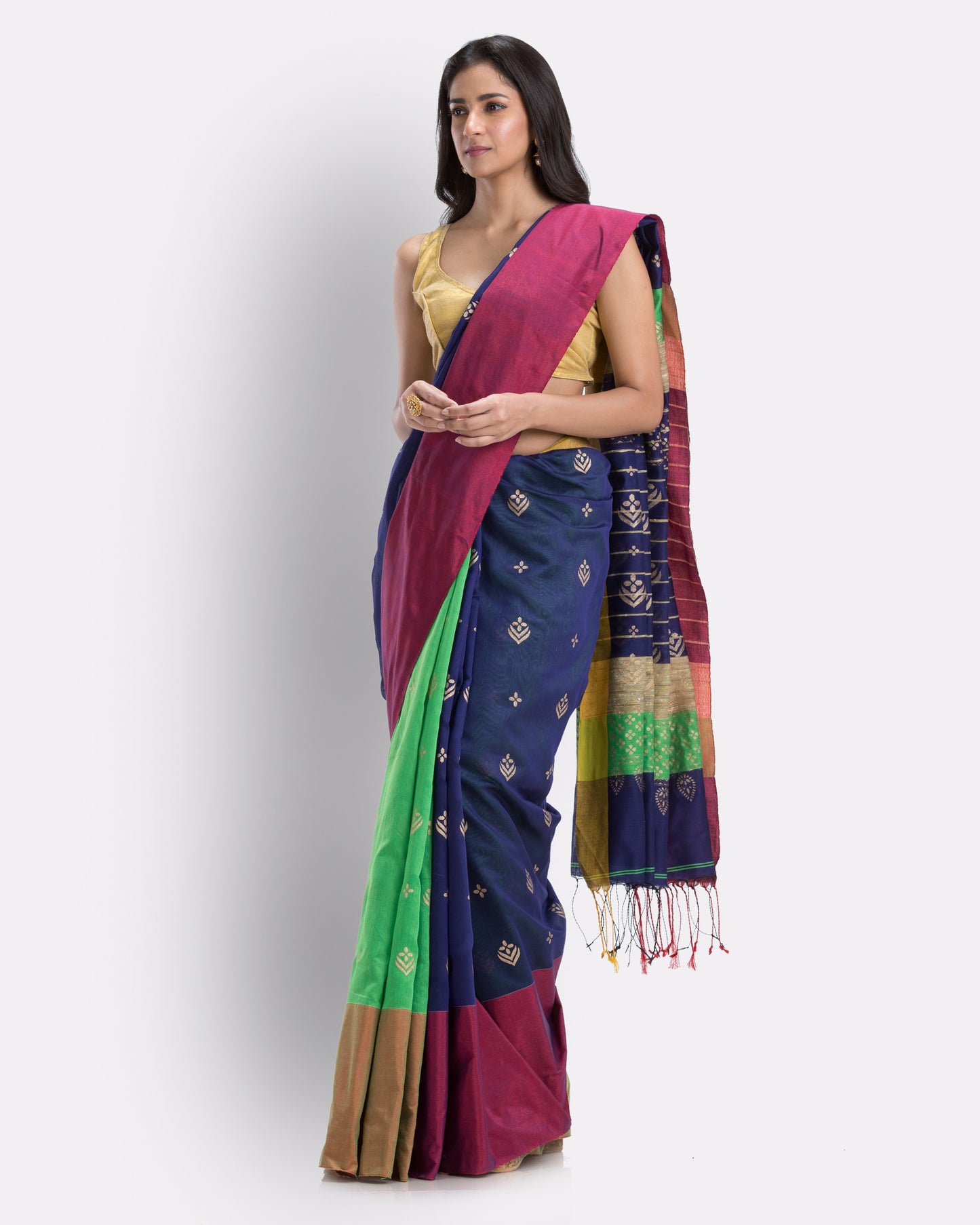 Handwoven Printed Festive Cotton Blend Blue Green Saree