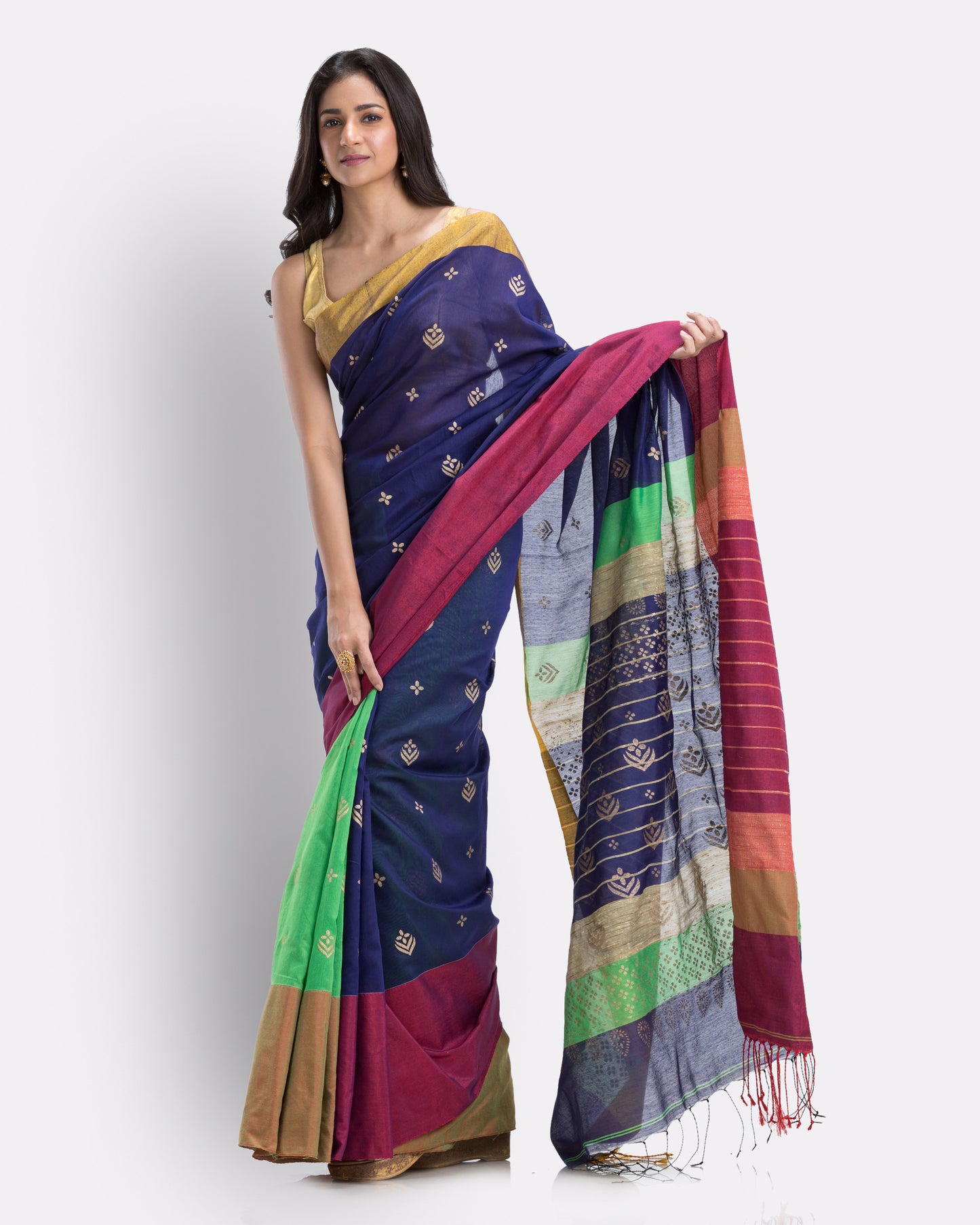 Handwoven Printed Festive Cotton Blend Blue Green Saree