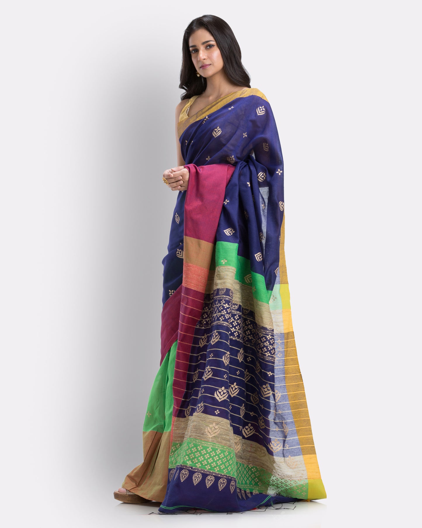 Handwoven Printed Festive Cotton Blend Blue Green Saree