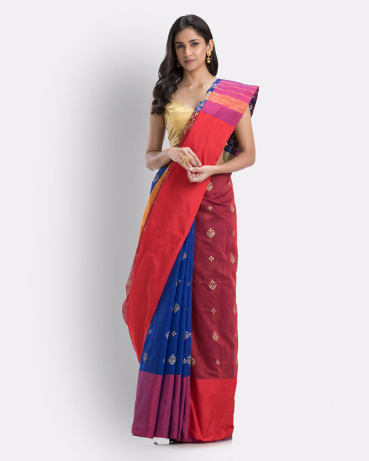 Handwoven Printed Festive Cotton Blend Blue and Maroon Saree