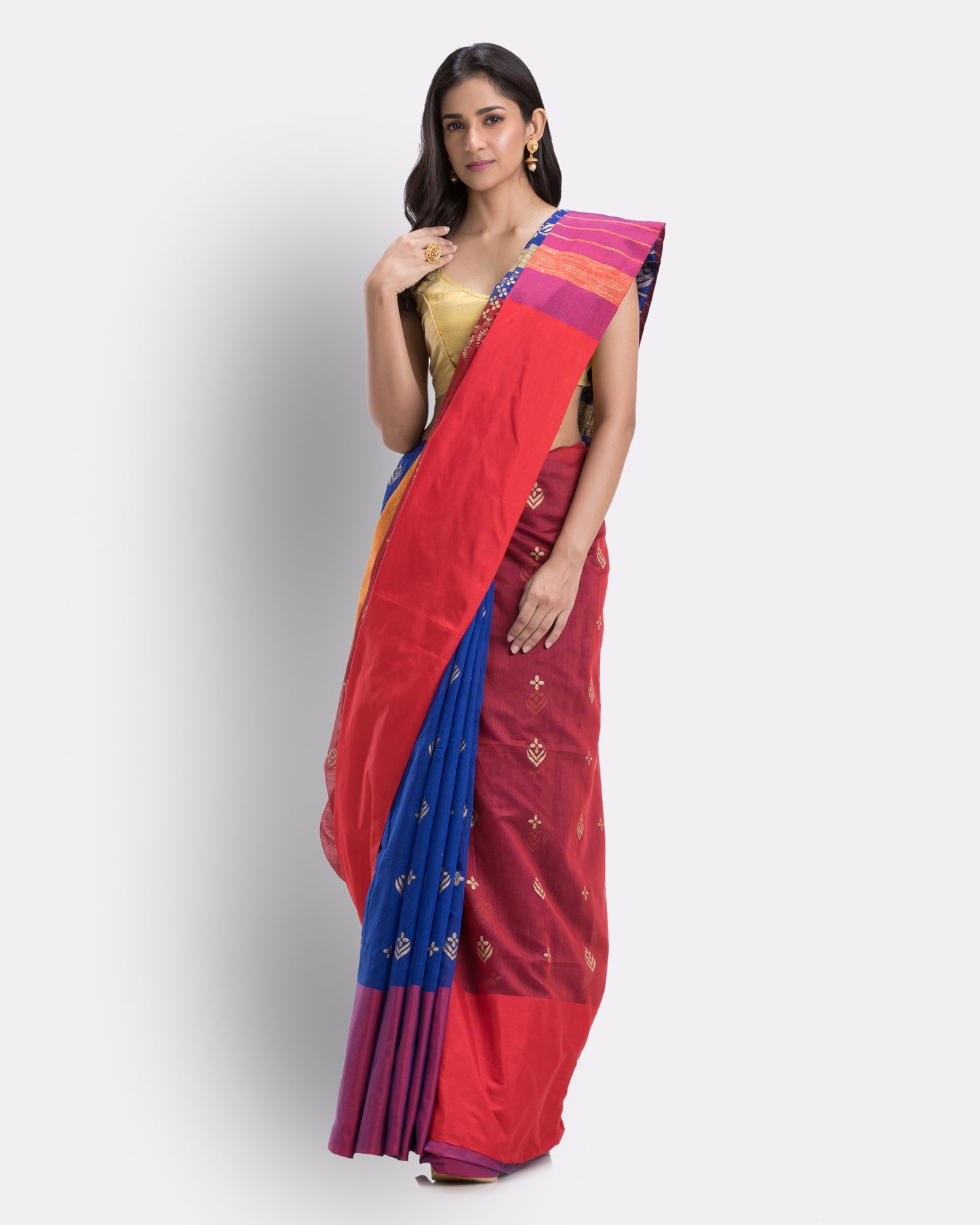 Handwoven Printed Festive Cotton Blend Blue and Maroon Saree