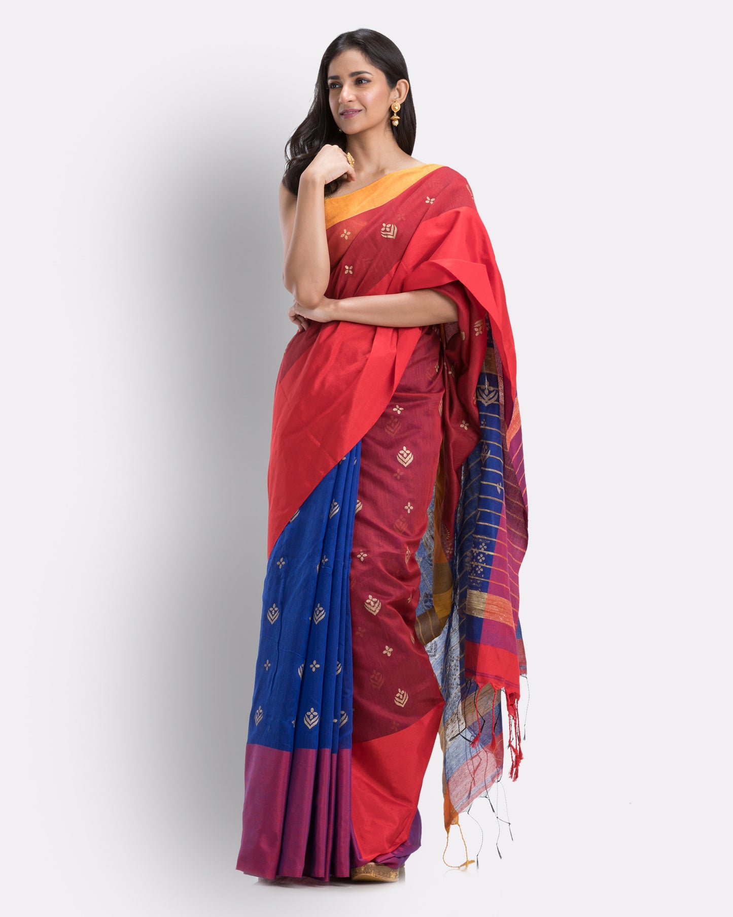 Handwoven Printed Festive Cotton Blend Blue and Maroon Saree