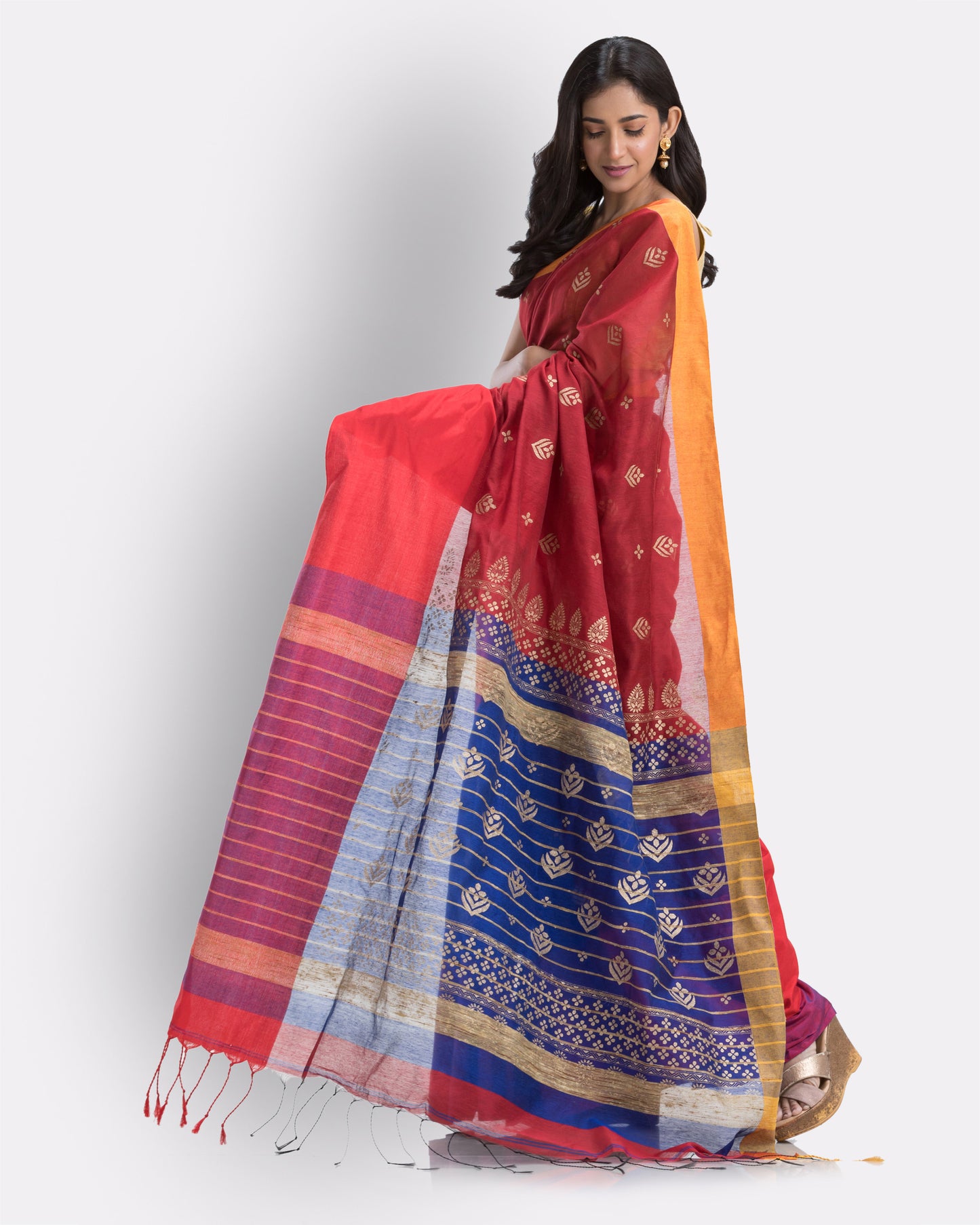 Handwoven Printed Festive Cotton Blend Blue and Maroon Saree