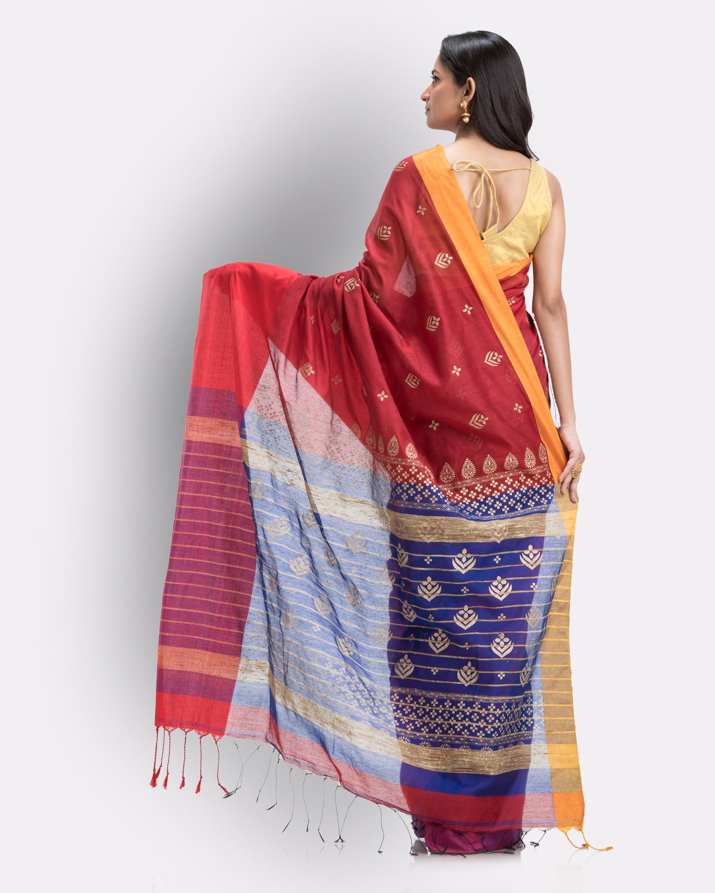 Handwoven Printed Festive Cotton Blend Blue and Maroon Saree