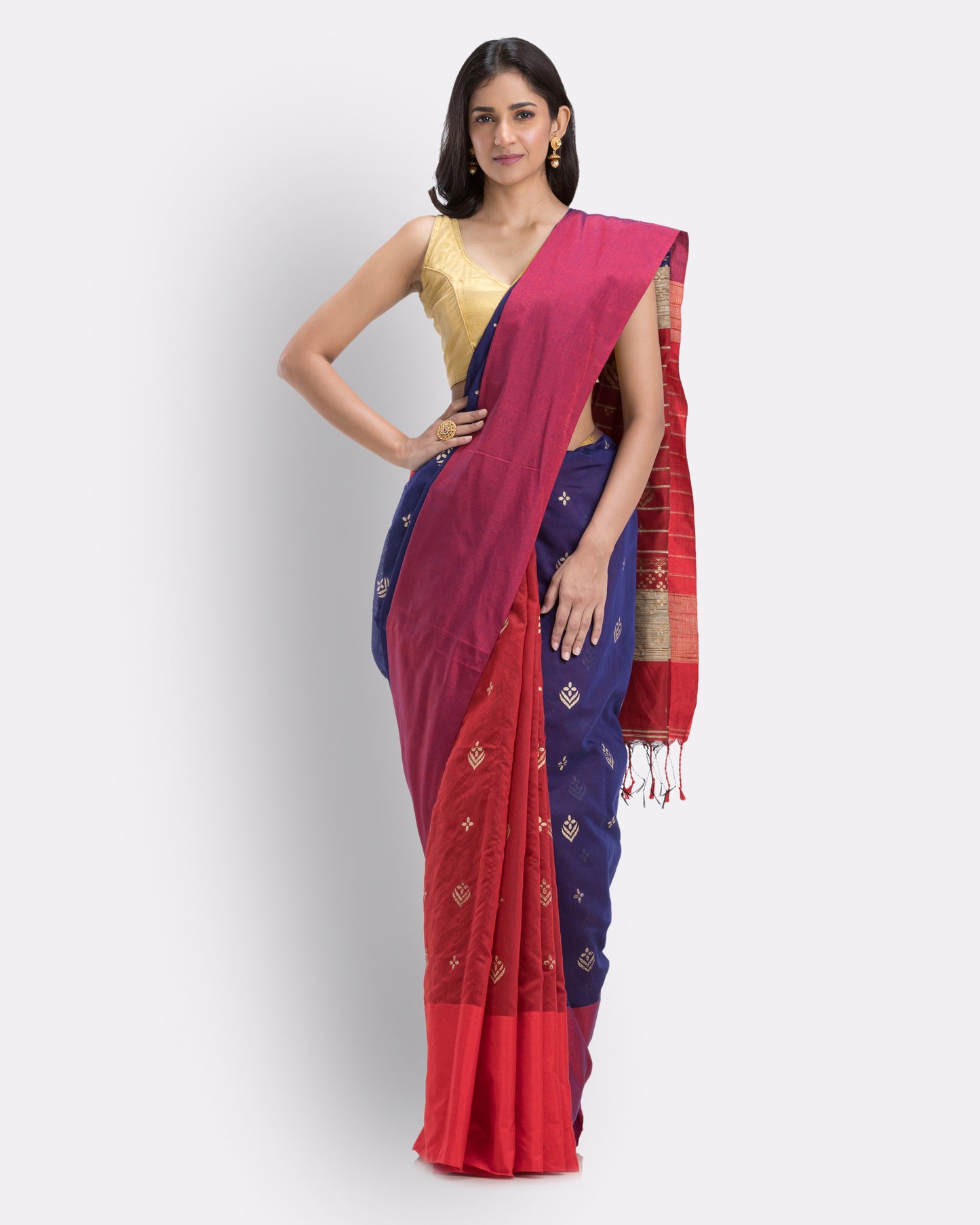 Handwoven Printed Festive Cotton Blend Blue and Red Saree