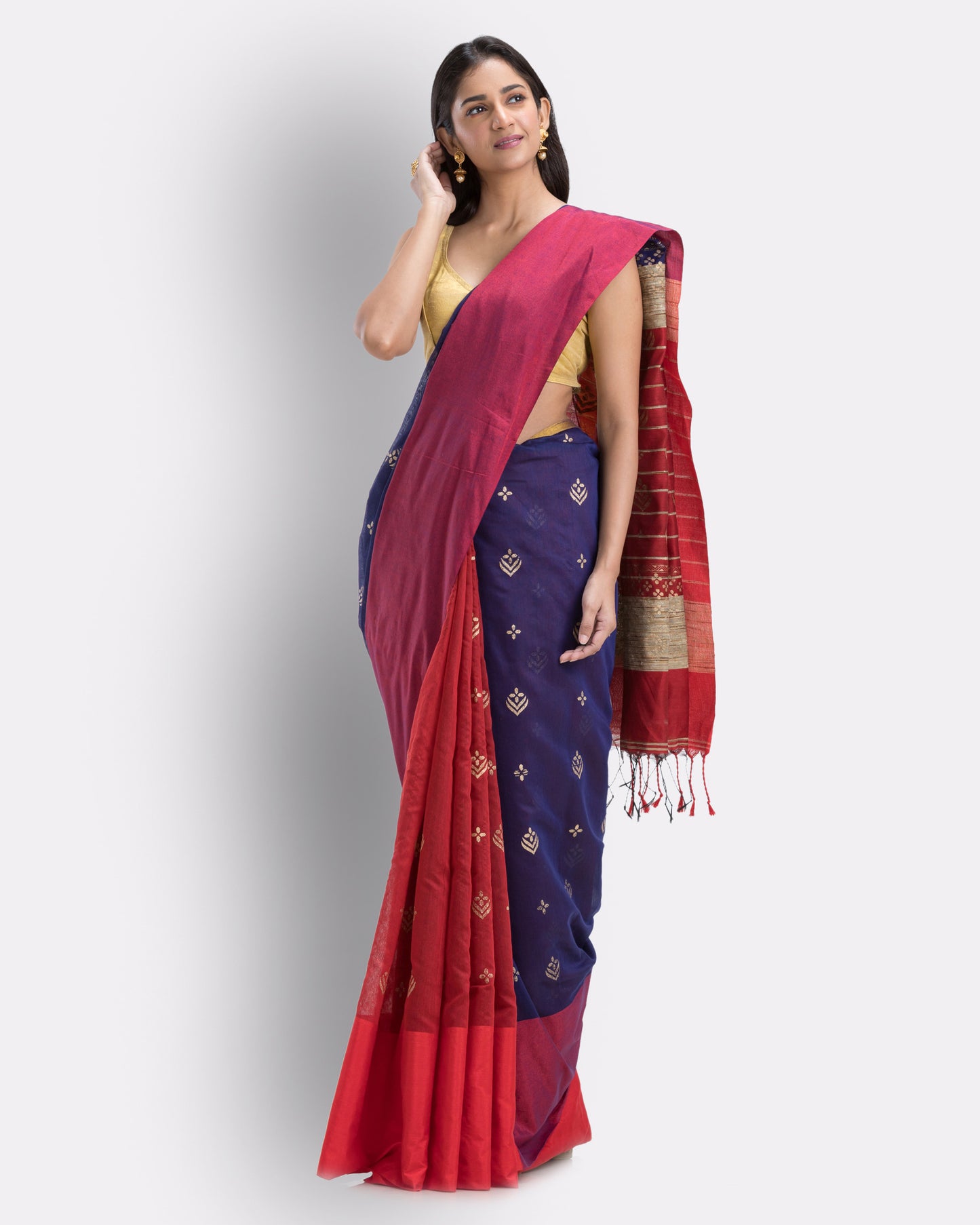 Handwoven Printed Festive Cotton Blend Blue and Red Saree