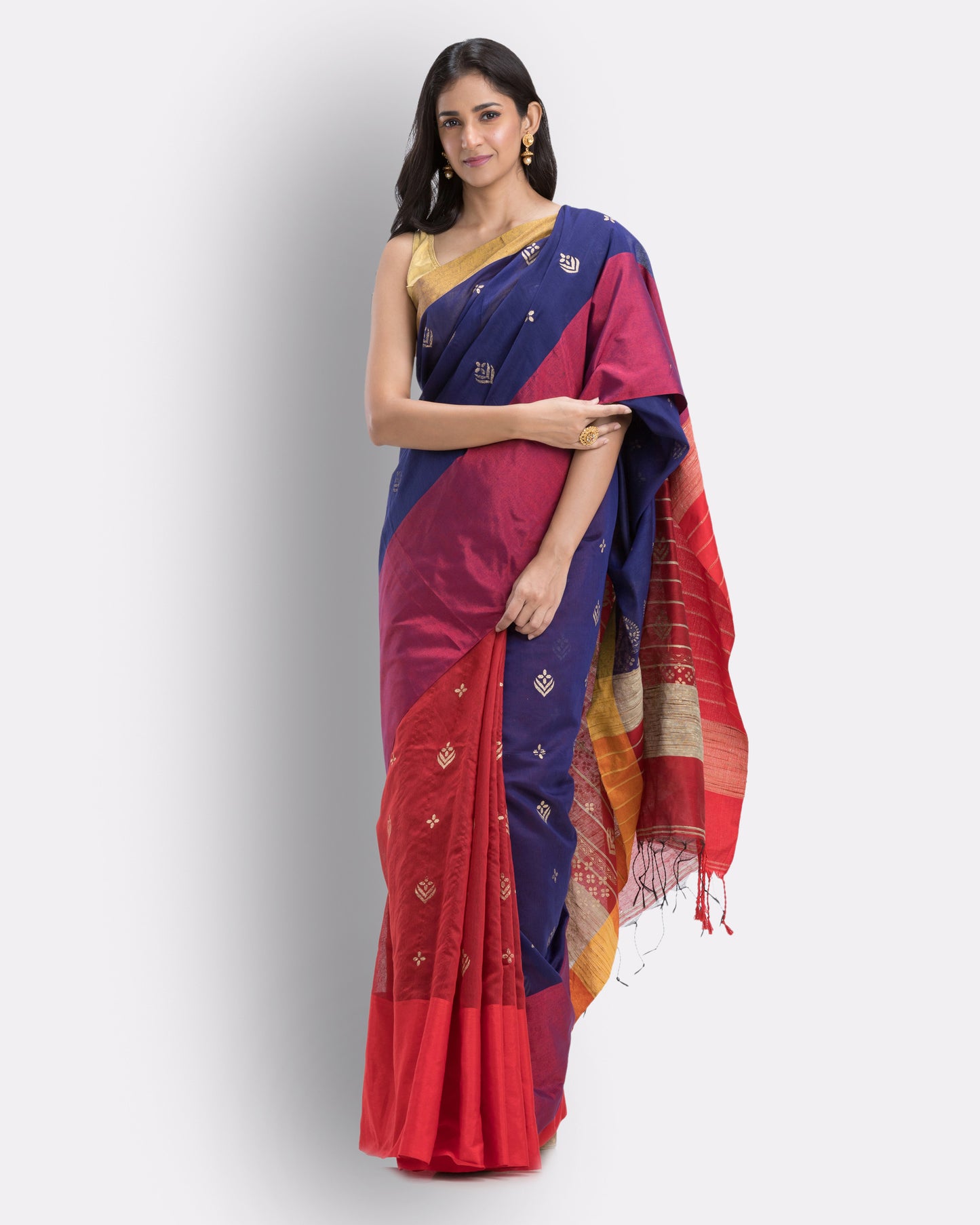 Handwoven Printed Festive Cotton Blend Blue and Red Saree