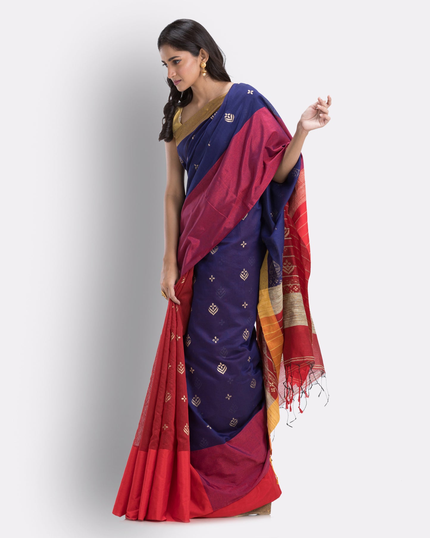 Handwoven Printed Festive Cotton Blend Blue and Red Saree