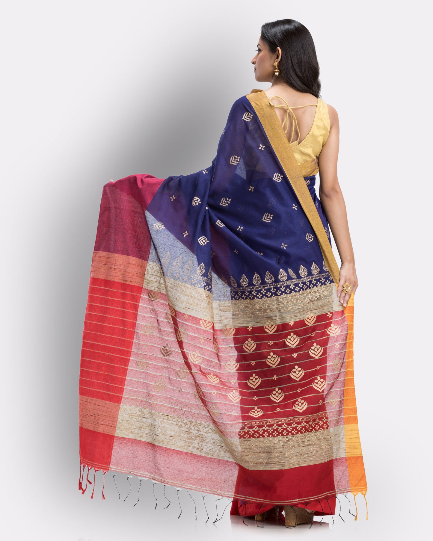 Handwoven Printed Festive Cotton Blend Blue and Red Saree