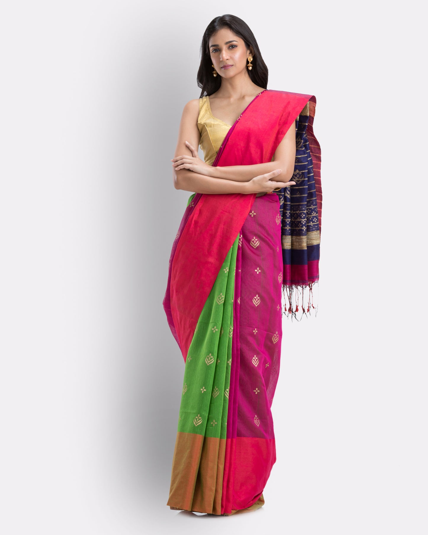 Handwoven Printed Festive Cotton Blend Green and Pink Saree