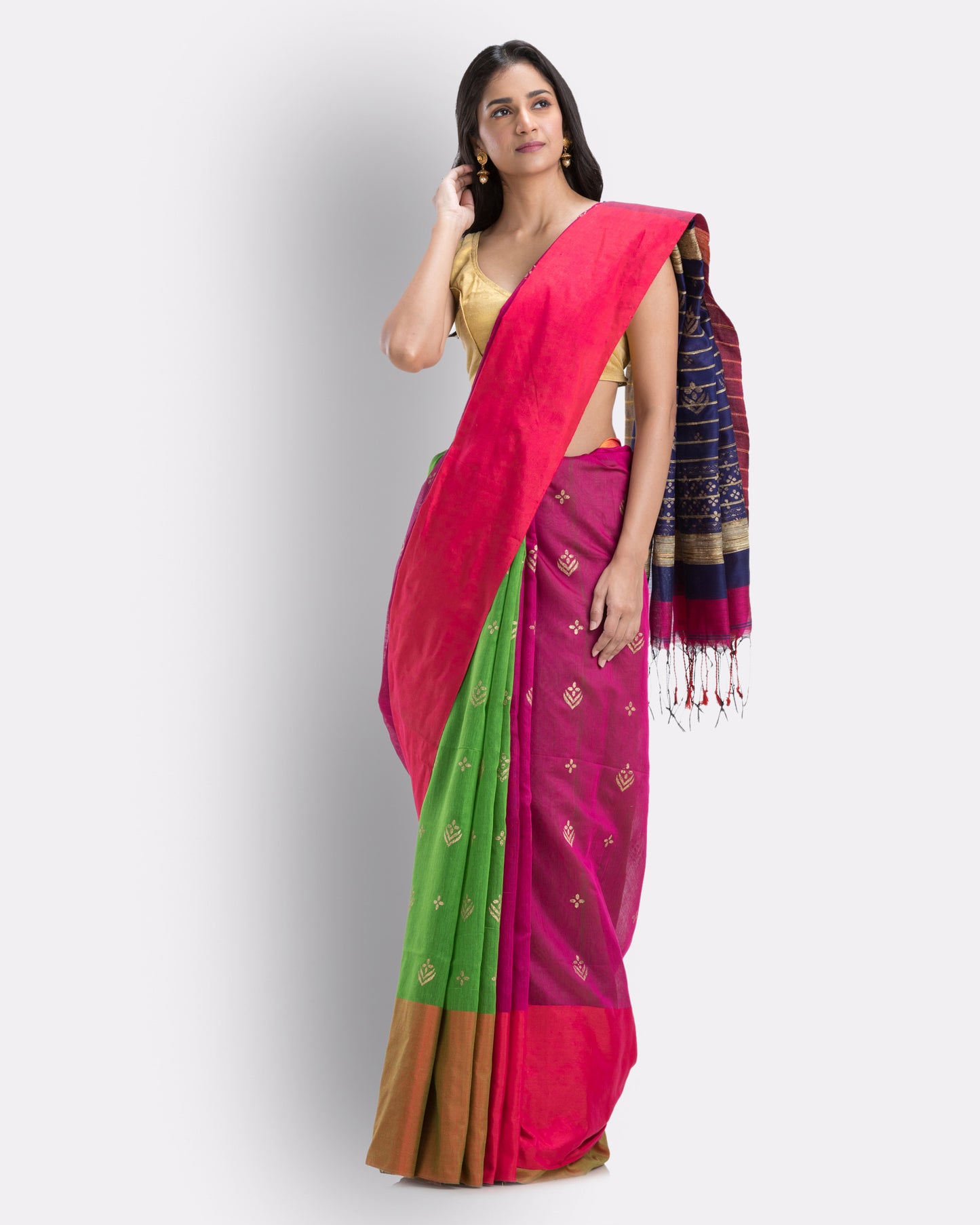 Handwoven Printed Festive Cotton Blend Green and Pink Saree