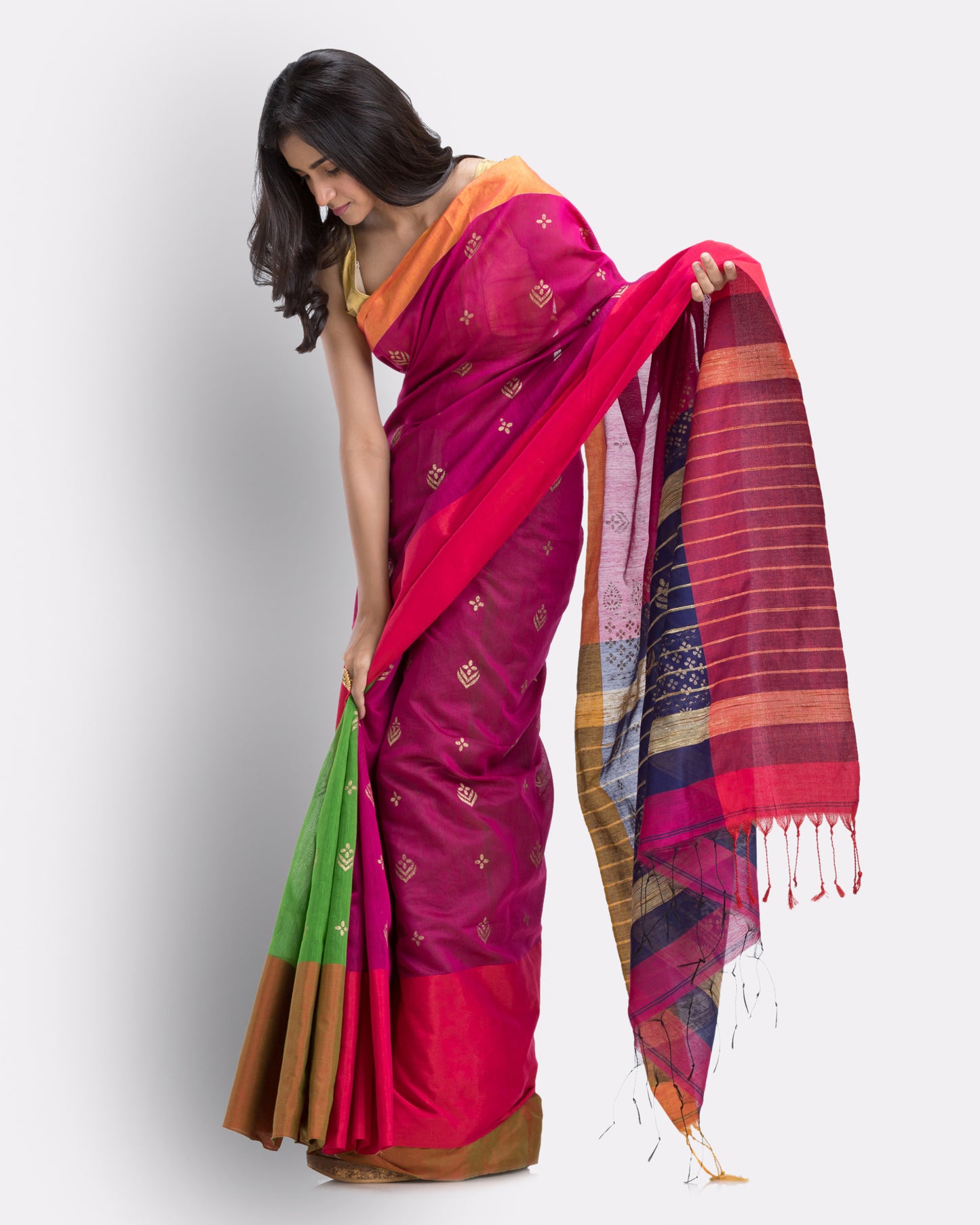 Handwoven Printed Festive Cotton Blend Green and Pink Saree