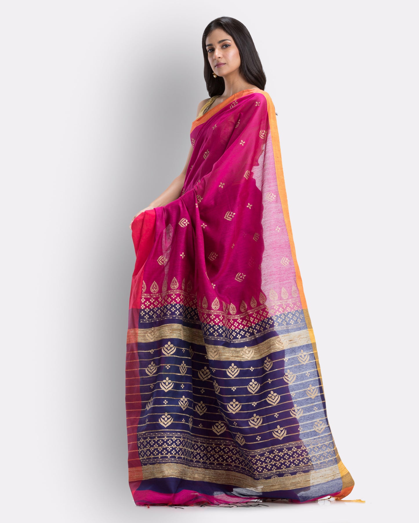 Handwoven Printed Festive Cotton Blend Green and Pink Saree