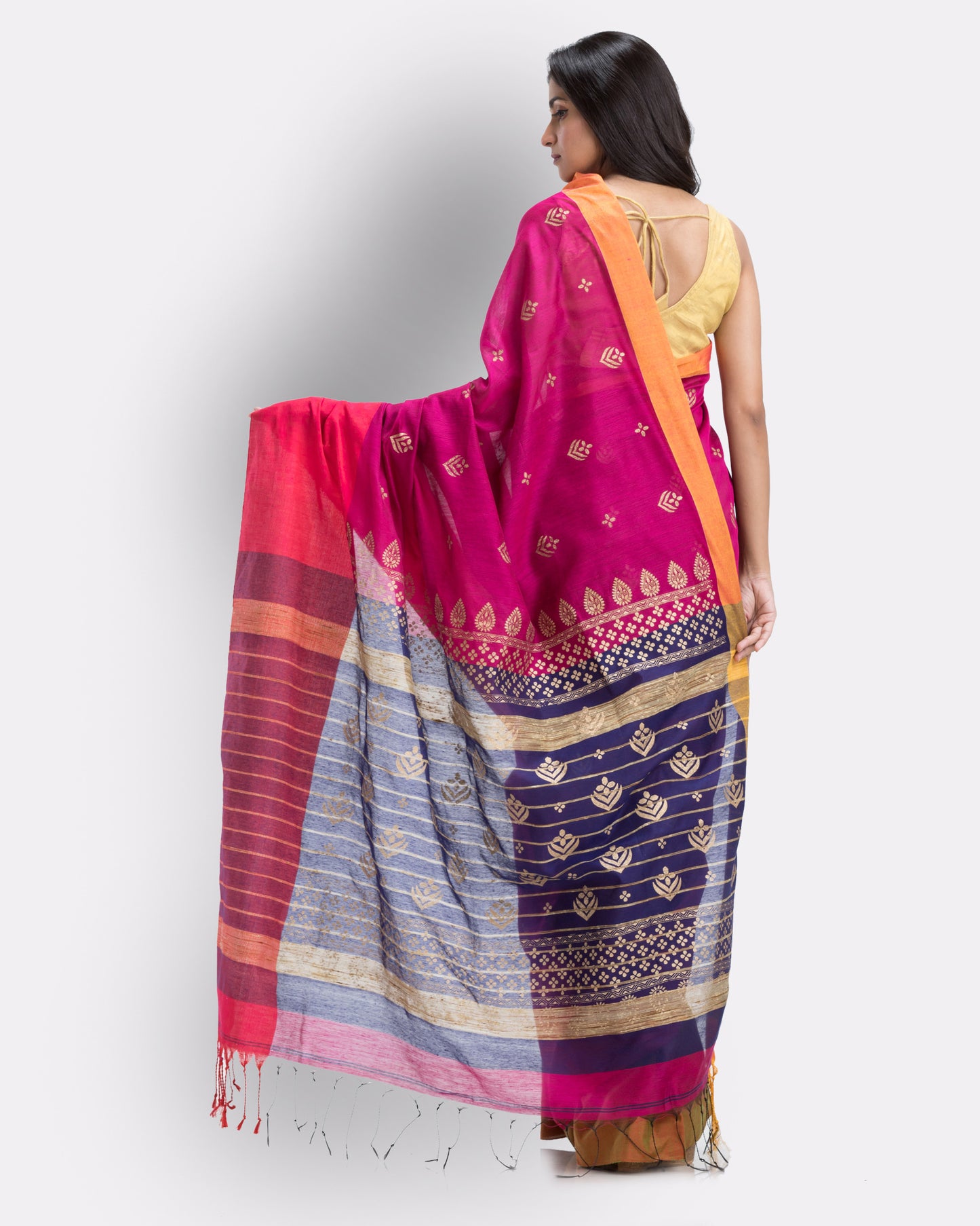 Handwoven Printed Festive Cotton Blend Green and Pink Saree