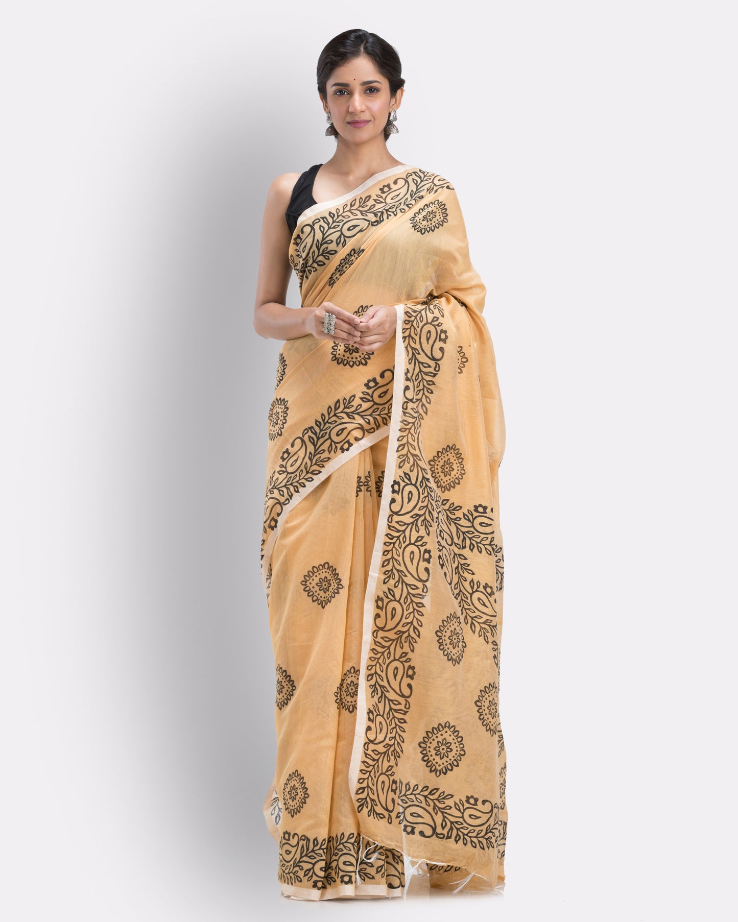 Indian women peach festive cotton blend saree