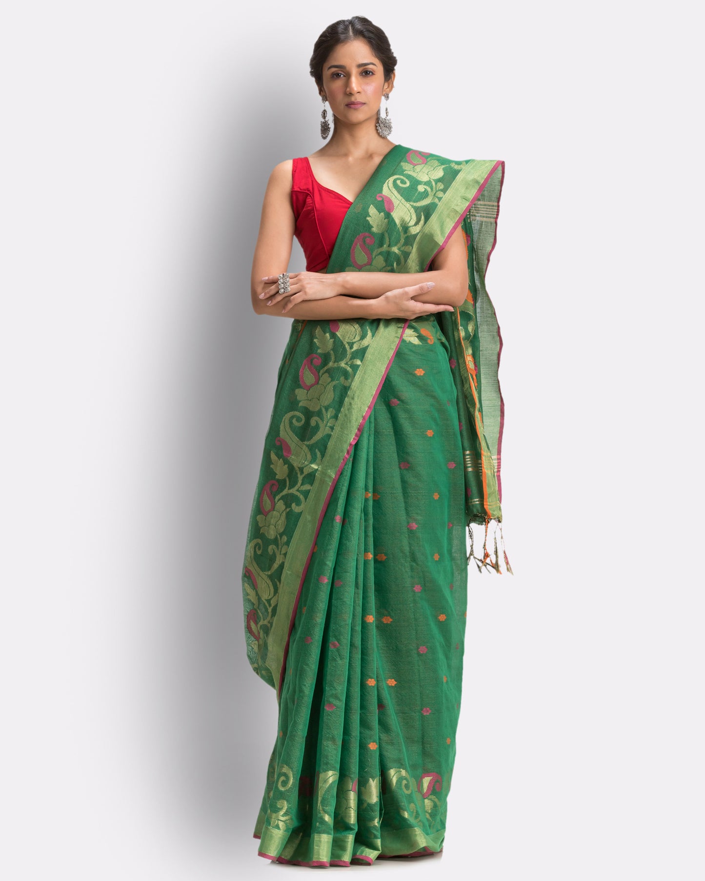 Parrot Green Cotton Blend Handloom Tangail Saree