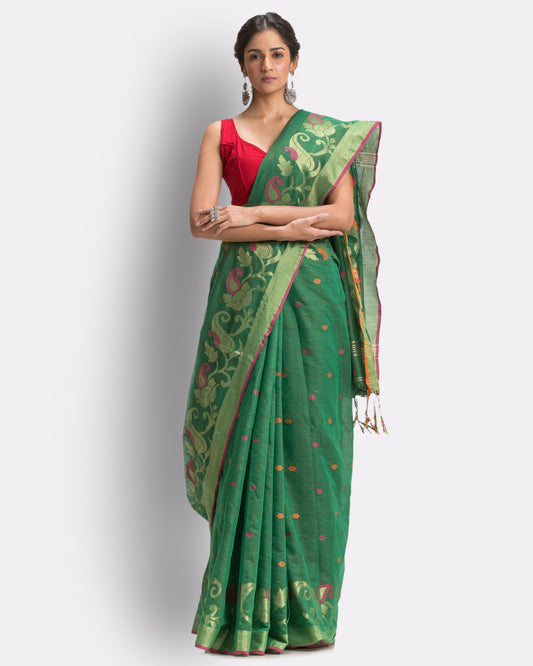 Parrot Green Cotton Blend Handloom Tangail Saree