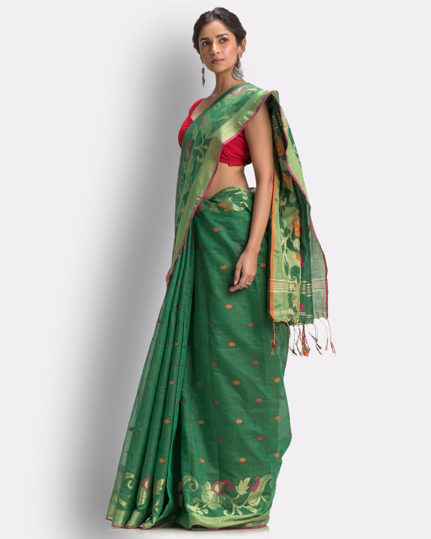 Parrot Green Cotton Blend Handloom Tangail Saree