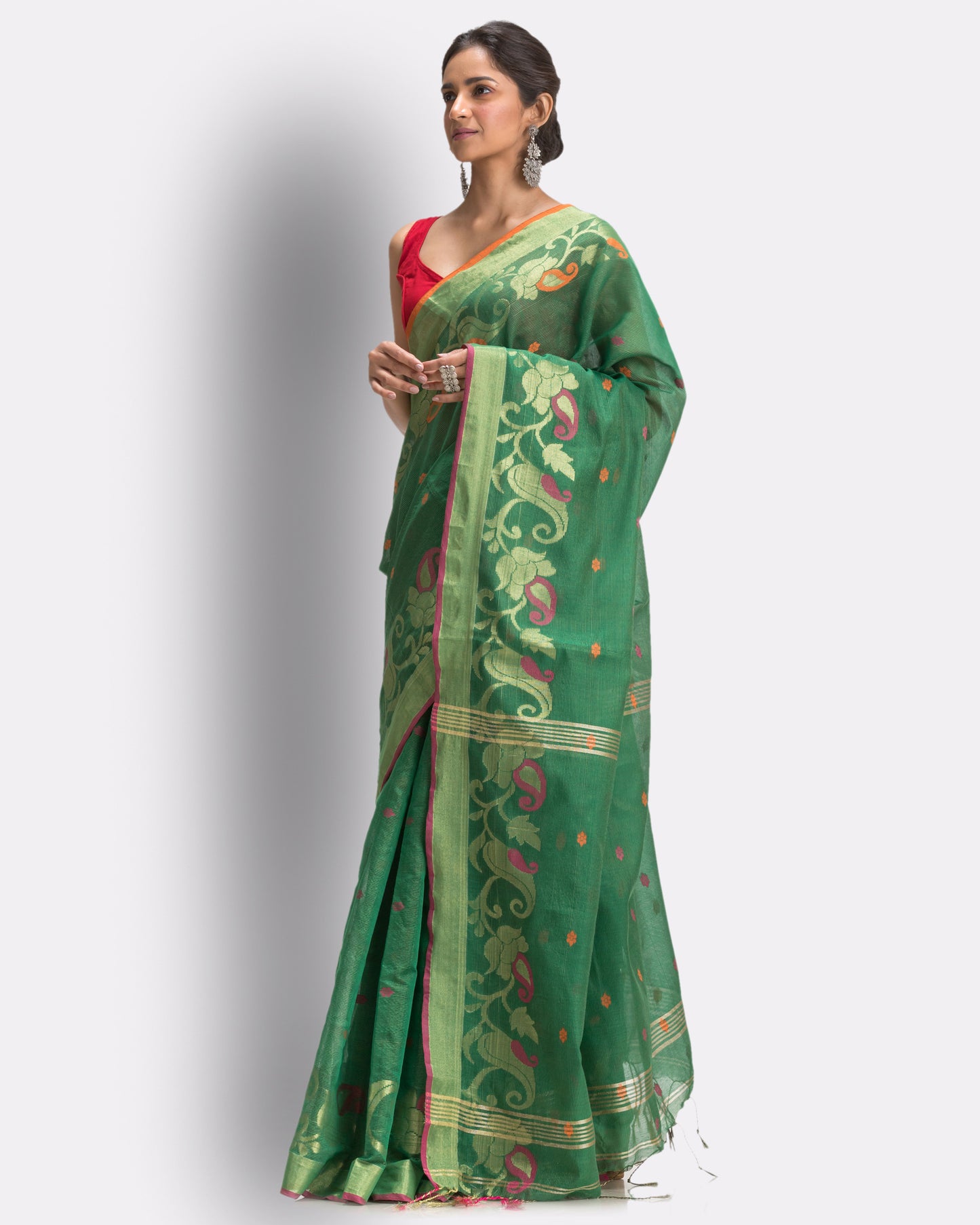 Parrot Green Cotton Blend Handloom Tangail Saree