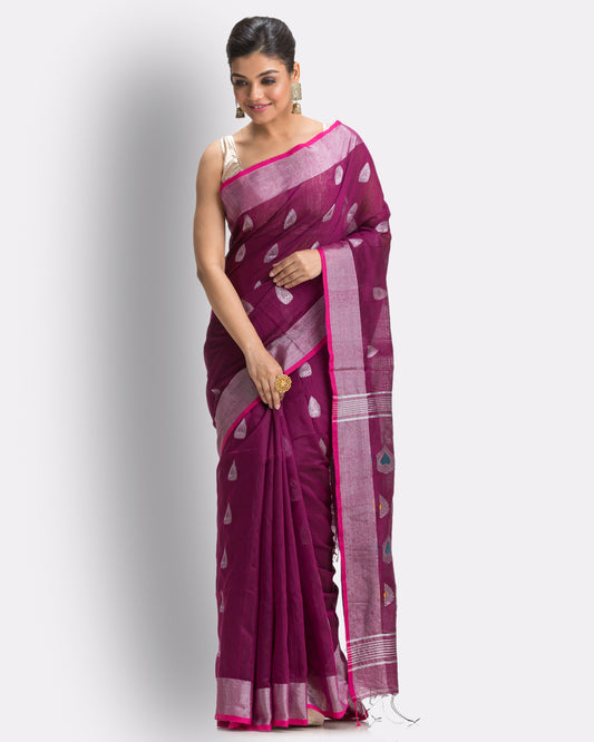 Magenta Cotton Blend Handloom Jamdani Saree