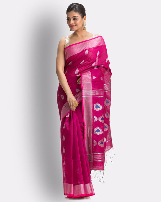 Bright Pink Cotton Blend Handloom Jamdani Saree