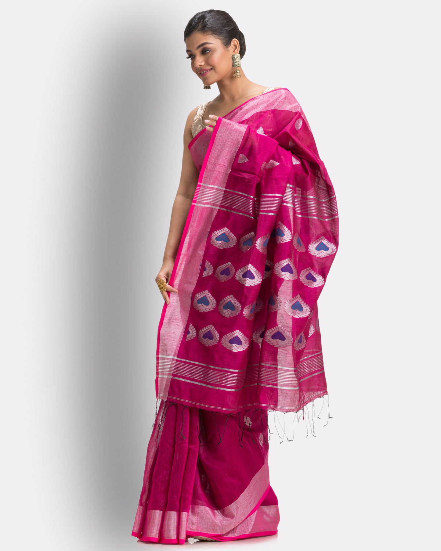 Bright Pink Cotton Blend Handloom Jamdani Saree