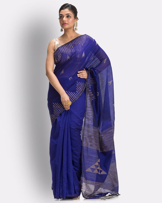 Royal Blue Cotton Blend Handloom Jamdani Saree