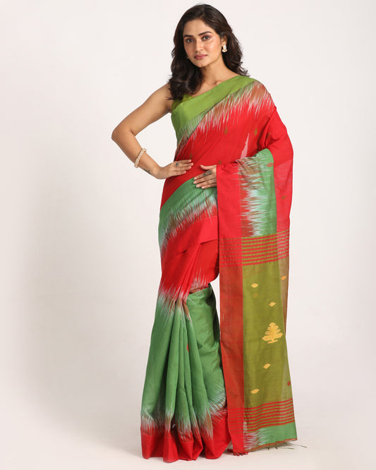 Red Dark Green Cotton Blend Handloom Tie Dye Jamdani Saree