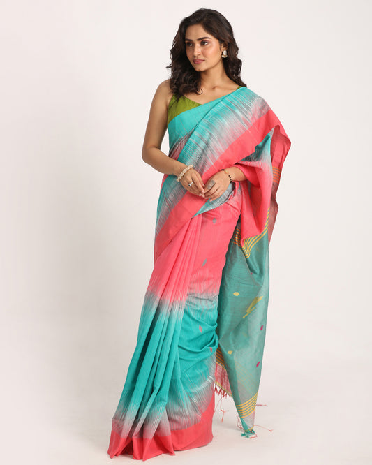 Brink Pink Cotton Blend Handloom Tie Dye Jamdani Saree