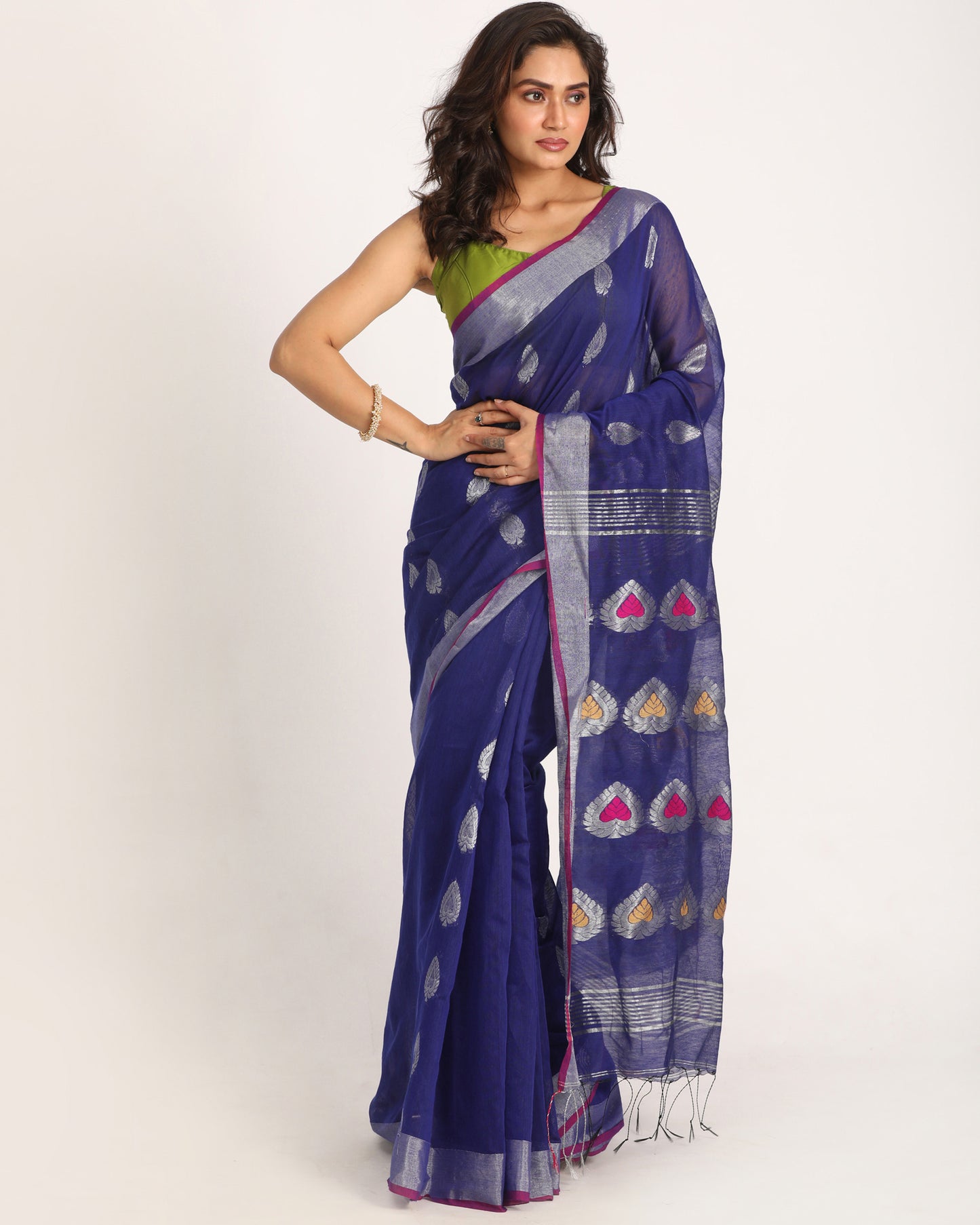 Royal Blue Cotton Blend Handloom Jamdani Saree