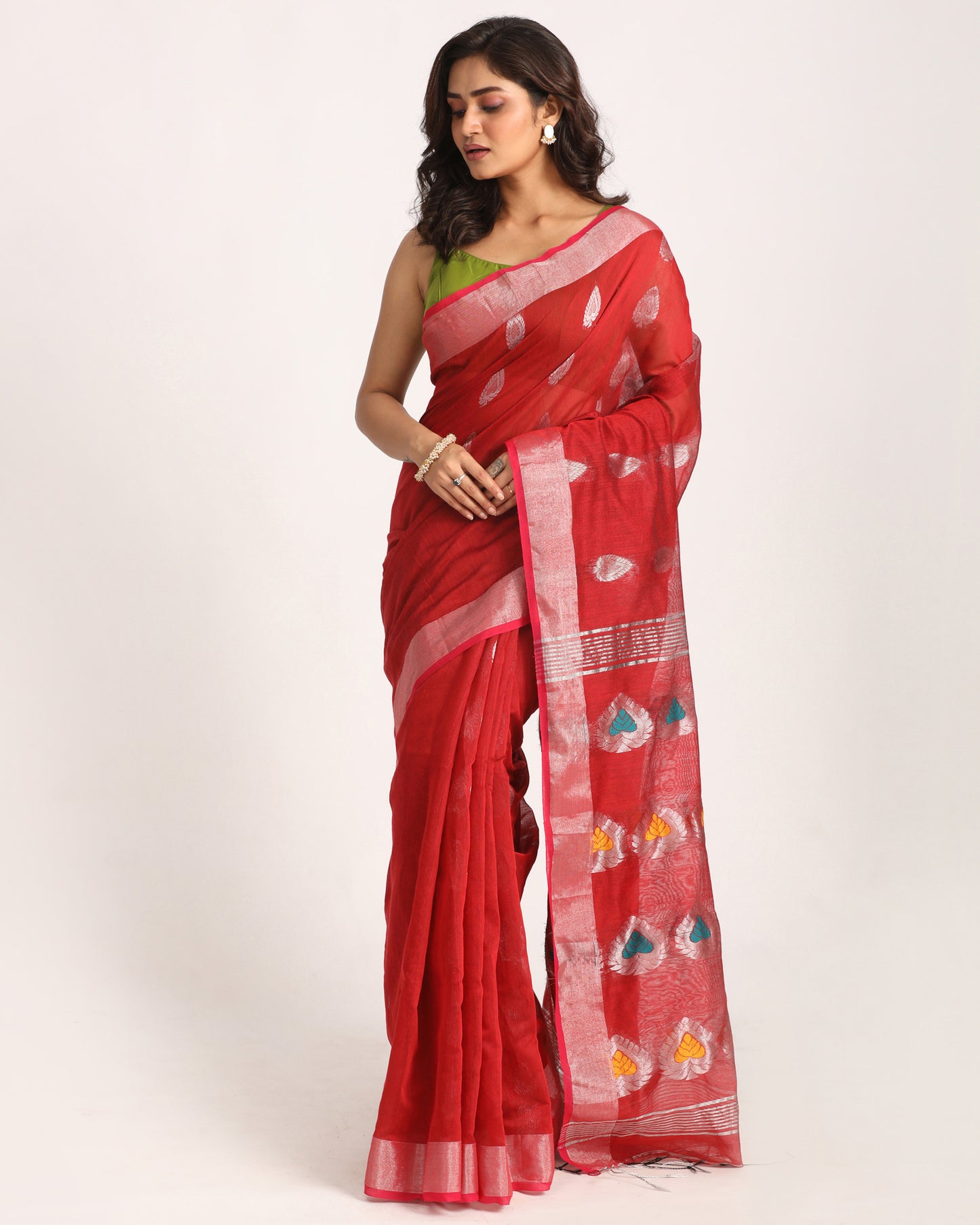 Red Cotton Blend Handloom Jamdani Saree