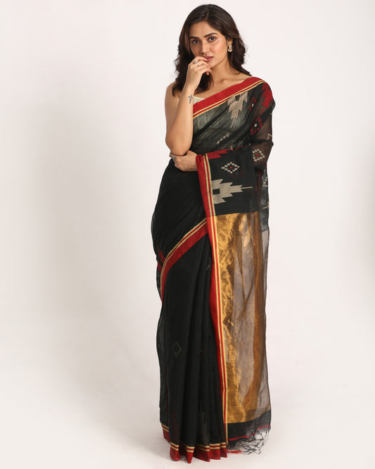 Black Cotton Blend Handloom Jamdani Saree