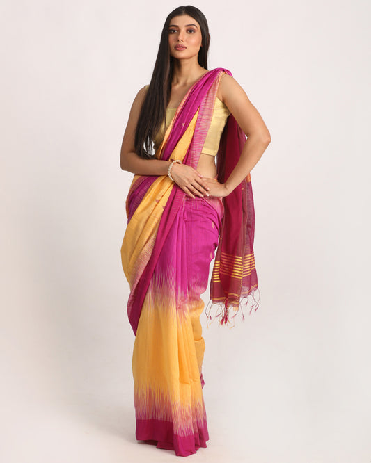 Fuchsia Light Mustard Cotton Blend Handloom Tie Dye Jamdani Saree