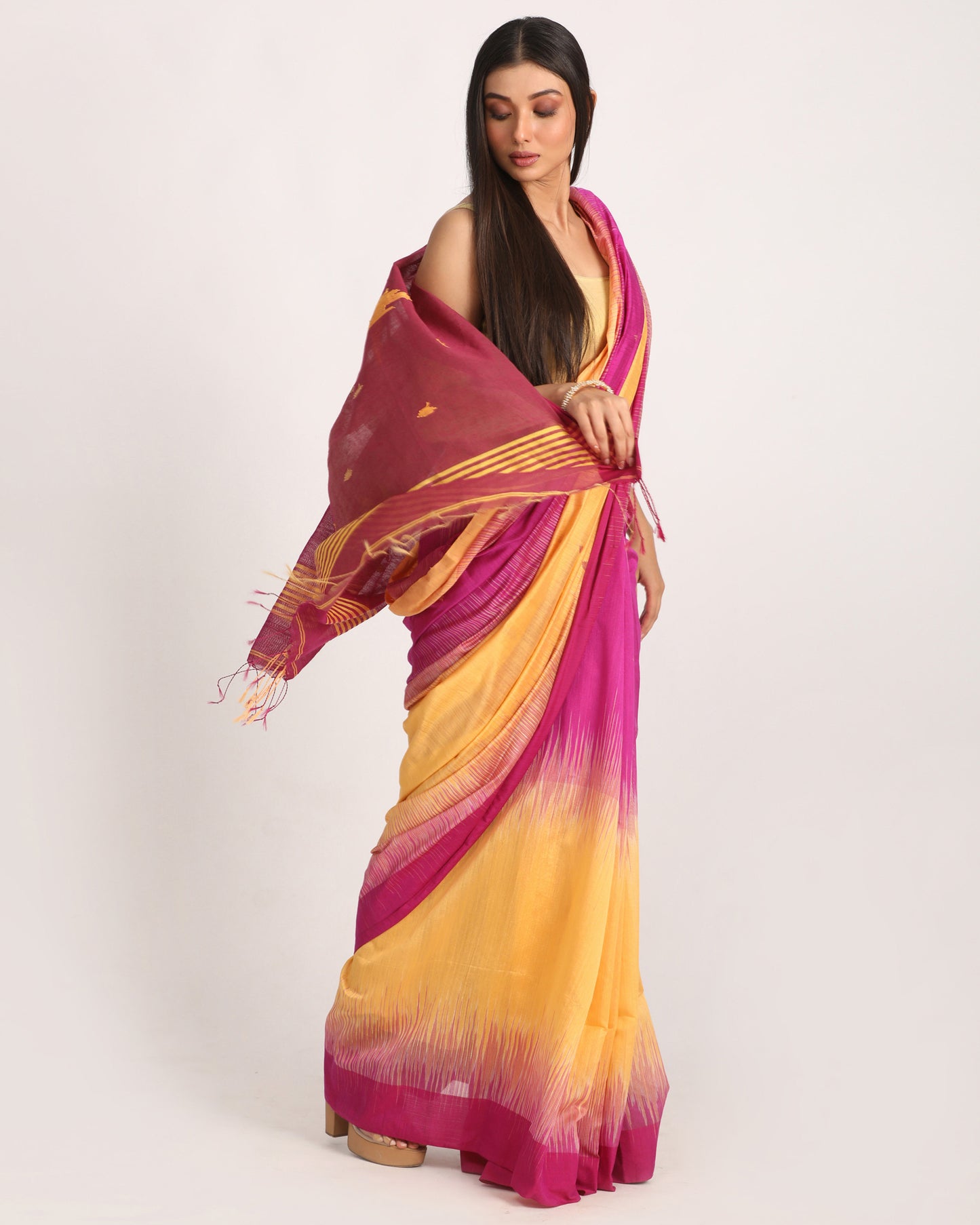 Fuchsia Light Mustard Cotton Blend Handloom Tie Dye Jamdani Saree