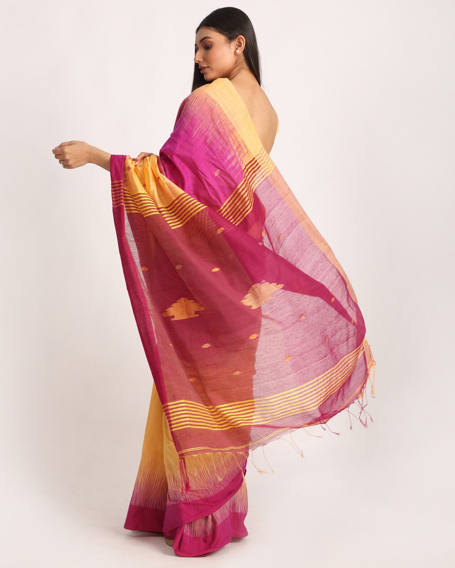 Fuchsia Light Mustard Cotton Blend Handloom Tie Dye Jamdani Saree