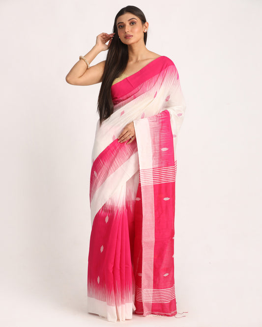 Fuchsia White Cotton Blend Handloom Tie Dye Jamdani Saree