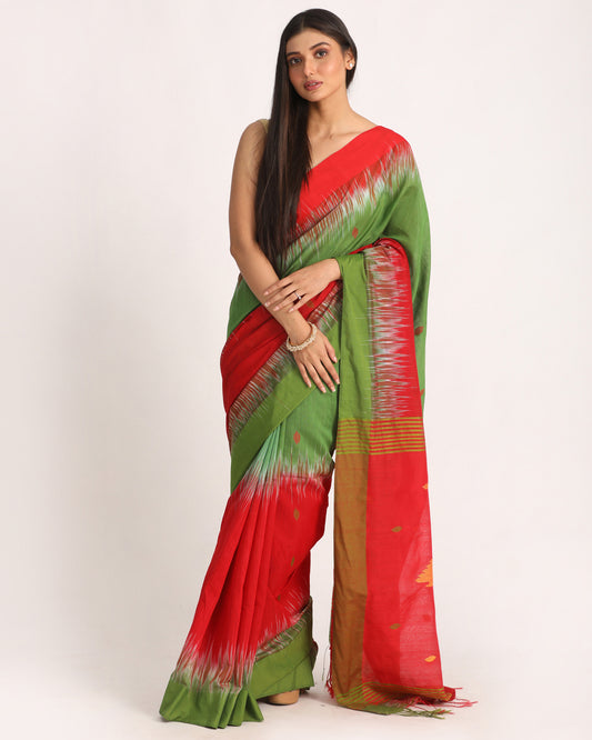 Red Green Cotton Blend Handloom Tie Dye Jamdani Saree