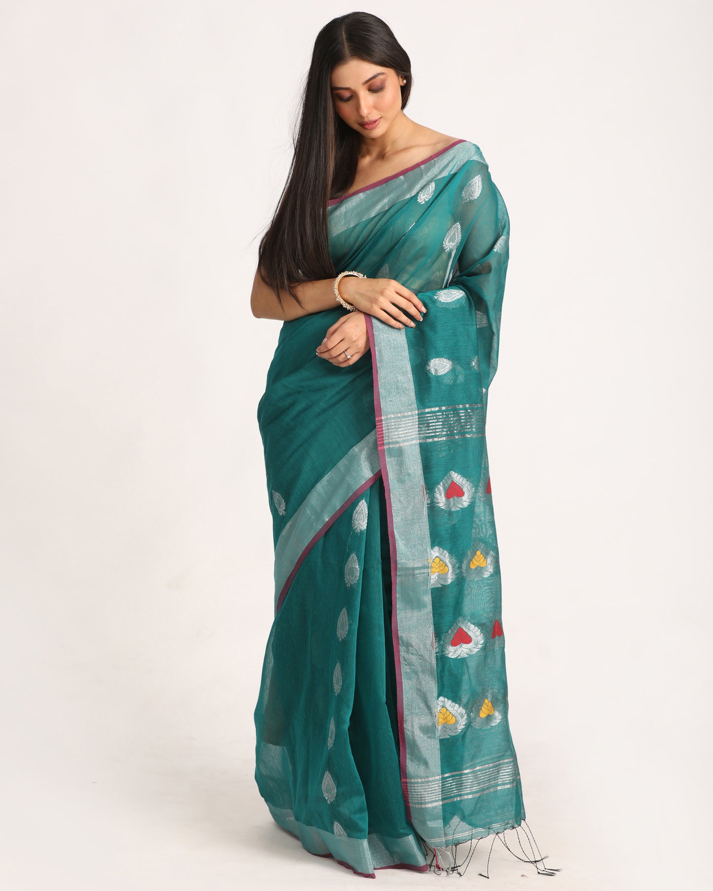 Teal Cotton Blend Handloom Jamdani Saree