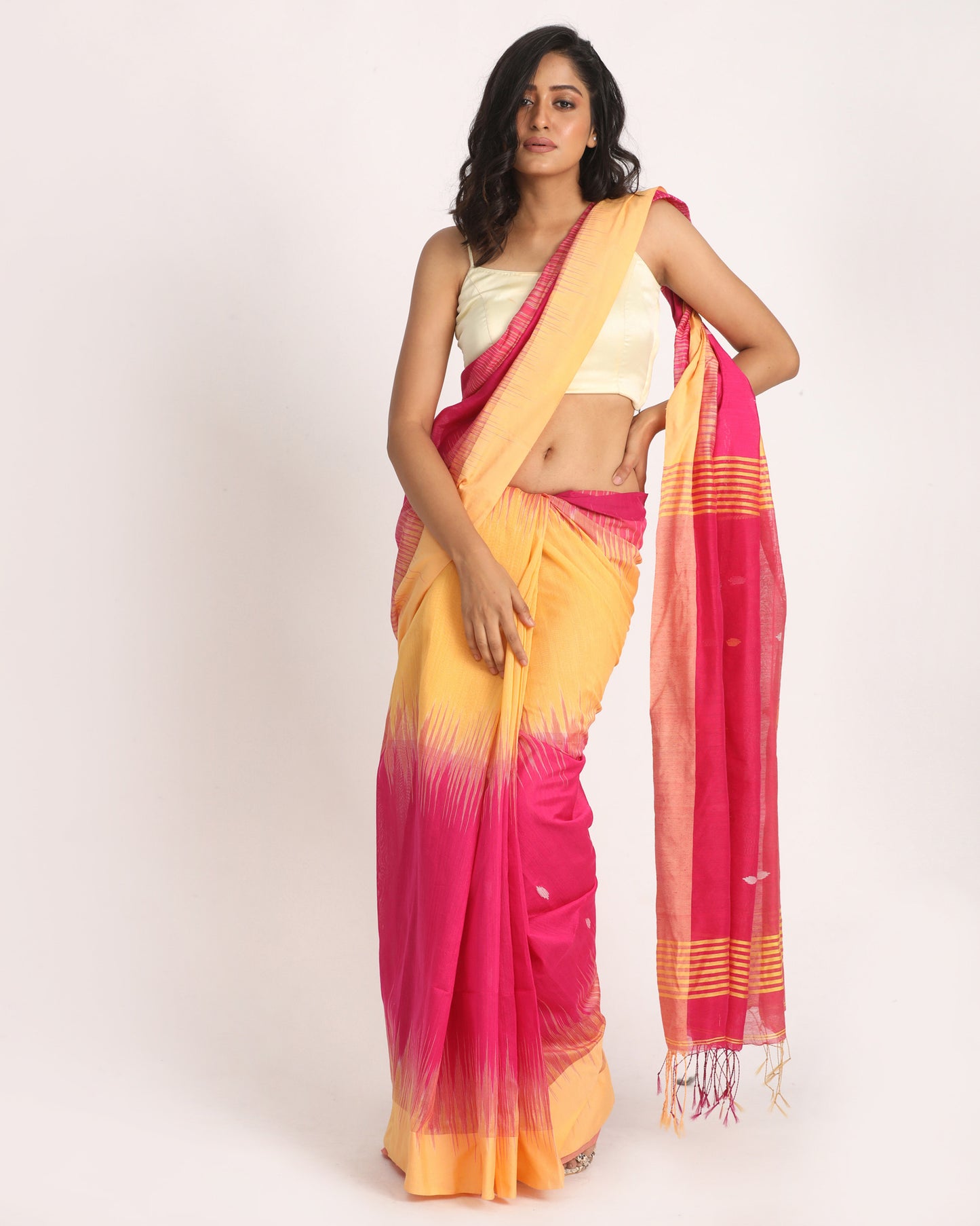 Deep Pink Mellon Yellow Cotton Blend Handloom Tie Dye Jamdani Saree